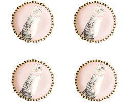 Yvonne Ellen London - Set van 4 kleine gebaksbordjes - Kat illustratie - Roze - Ø10cm