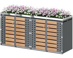 YYchan Kliko Ombouw 4 Bakken - Verzinkt Staal met Houtlook - Vuilnisbak Ombouw Metalen - Weerbestendig - Met Gasveer