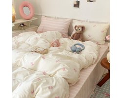 Zacht Kinderbeddengoed Set 135 x 200 cm Roze Wit Strikken Patroon – Dekbedovertrek met Kussensloop