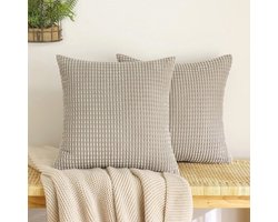 Zacht Ribfluwelen Kussensloop Set van 2 - Decoratief Sierkussentje voor Woonkamer - 45x45 cm - Zandkleur