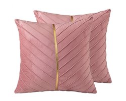 Zacht roze kussen hoesjes 45 x 45 cm vierkant fluweel polyester set van 2 kussenhoezen met goudkleurige streep en reliëf patroon sierkussen hoes decoratief voor bank en stoel geschikt voor dames en heren