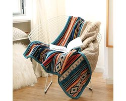 Zachte Comfortabele Omkeerbare Sherpa Fleece Plaid 200x200 cm - Luxe Flanellen Deken met Blauwe Streep voor de Bank
