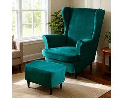 Zachte en Wasbare 3-delige Stoelhoes voor Oorfauteuil met Voetensteun, Geschikt voor Diverse Modellen, Luxe Emerald Groene Kleur
