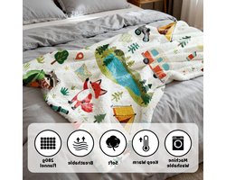 Zachte flanellen deken met vos en uil voor bed en bank, warm en comfortabel, ideaal voor volwassenen en tieners, 150 x 130 cm