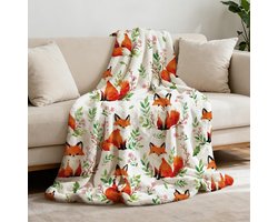 Zachte Flanellen Plaid met Vos en Bladeren Design voor Bank en Slaapkamer