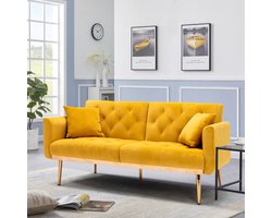 Zachte fluwelen 3-zits design bank - Converteerbaar 3-voudig verstelbare slaapbank - Stevige metalen beensteun - Geschikt voor meerdere scenario's woonkamer slaapkamer of kleine ruimte comfortabel om te zitten of slapen - Mosterdgeel Fluweel