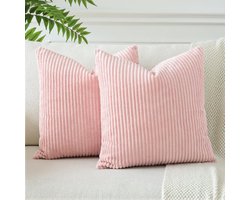 Zachte Gestreepte Decoratieve Gooien Kussensloop 24x24 Inch Vierkante Corduroy Kussenslopen 60x60 cm Boho Home Decor Kussenhoes voor Slaapbank, Bank, Woonkamer Set van 2 (Roze)