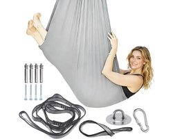 Zachte Grijze Yoga Hangmat met RVS Bevestigingsschroeven en Accessoires - 280 × 150 cm voor Thuis en Buitenactiviteiten, Ontspanning en Yoga