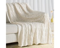 Zachte Kabelgebreide Plaid - Decoratieve Woonplaid voor Bank en Stoel - 127 x 152 cm Crèmewit
