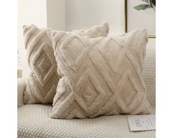 Zachte Luxe Kussenhoezen Set - Groot Ruitpatroon - Woondecoratie - Kussenhoes voor Slaapkamer of Woonkamer - Pluche Kussenslopen - Sierkussenhoezen - Kussenhoezen Modern Design - Exclusief Kussenvulling - Set van 2 - 45x45 cm - Beige