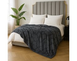 Zachte OEKO-TEX Fleece Bedsprei 200×220 cm – Donkergrijs – Luxe Microvezel Plaid met Reliëf Bloemenpatroon – lits-jumeaux - Warm & Licht – Bankkleed / Gezellig & Stijlvol voor Bed en Bank