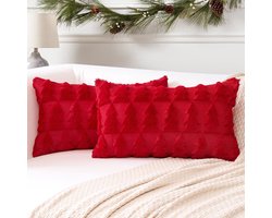 Zachte pluche kort-wollen fluwelen decoratieve kerst-kussenhoezen, luxe kussenhoezen voor op de bank, in de slaapkamer of onder de kerstboom, rood, 30 x 50 cm, set van 2