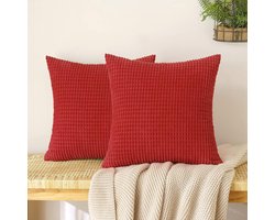 Zachte Ribfluwelen Kussensloop - Decoratief voor Woonkamer - Set van 2 - Rood - 45 x 45 cm