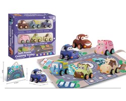Zachte speelgoedauto's voor baby's en kinderen met speelmat en opbergtas - 6 stuks - bijtspeelgoed - speelgoed 1 jaar - speelgoed 2 jaar