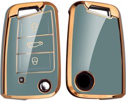 Zachte TPU Sleutelcover - Blauw & Goud Metallic - Sleutelhoesje Geschikt voor Volkswagen Golf / Tiguan - Seat Leon / Ateca / Ibiza - Skoda Kodiaq / Octavia / Karoq - Sleutel Hoesje Cover - Randen Goud - Auto Accessoires