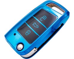 Zachte TPU Sleutelcover - Metallic Chroom Blauw - Sleutelhoesje Geschikt voor Volkswagen Polo / Golf / 2014 - 2021 / Seat Leon / Seat Ibiza / Golf GTI / Golf R / Golf 7 / Skoda - Sleutel Hoesje Cover - Auto Accessoires