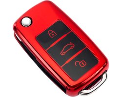 Zachte TPU Sleutelcover - Metallic Chroom Rood - Sleutelhoesje Geschikt voor Volkswagen Golf / Polo / Tiguan / Up / Passat / Seat Leon / Seat Mii / Skoda Citigo - Sleutel Hoesje Cover - Auto Accessoires