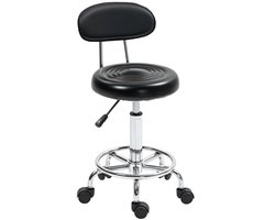 Zadelkruk op Wielen - Zadelstoel met Rugleuning & Voetensteun - Kapperskruk - Tabouret - In Hoogte Verstelbaar - 360° Draaibaar - Kruk Stoel - Draaikruk - Werkkruk - voor Kaptafels, Kantoor, Salon, Massage, Spa - Zwart