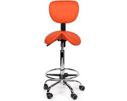 Zadelkruk Rugleuning Hoog Oranje met Voetring - Zithoogte 70/84cm - kruk op wielen - krukje - werkkruk - zadelkruk - bureaukruk - kapperskruk - verstelbaar - draaikruk - tabouret - zadelkruk met rugleuning - tot 160kg