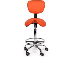 Zadelkruk Rugleuning Standaard Oranje met Voetring - Zithoogte 50/68cm - kruk op wielen - krukje - werkkruk - zadelkruk - bureaukruk - kapperskruk - verstelbaar - draaikruk - tabouret - zadelkruk met rugleuning - tot 160kg