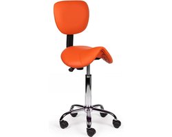 Zadelkruk Rugleuning Standaard Oranje - Zithoogte 50/68cm - kruk op wielen - krukje - werkkruk - zadelkruk - bureaukruk - kapperskruk - verstelbaar - draaikruk - tabouret - zadelkruk met rugleuning - tot 160kg