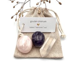 Zakje Gouden Driehoek Combinatie Ruw & Gepolijst - Rozenkwart, Amethist & Bergkristal - Cadeau