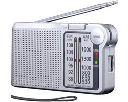 Zakradio FM/AM met digitale tuner, automatische frequentiecontrole, grote schaal, fluorescerend punt, werkt op batterijen, zilver.