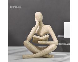 Zandkleurig Abstract Beeldje Van Een Lezer | Modern Minimalistisch Kunstwerk Van Hars, Decoratief Beeldje Voor in Huis, Geschikt Voor De Woonkamer/studeerkamer/boekenplank/bureau, Kunstcadeau Met Filosofische Uitstraling (De Denker)