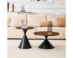 Zandlopervormige Salontafels Set van 2 - Stapelbaar en ruimtebesparend - Melamineblad in notenlook - Zwart metalen onderstel - Markante conusvorm - Ideaal voor woonkamer, slaapkamer en kantoor