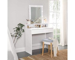ZaZa Home & Office - kaptafel met spiegel en gloeilampen - cosmetische tafel - 2 lades - 3 open vakken - wit
