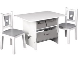 ZCNR® - Kindermeubelset - 1 Kindertafel - 2 Stoelen - Ladekast- Thuis - Kleuterschooltafel - Opbergruimte - Voorschoolse stoelen - Wit - Grijs