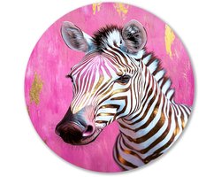 Zebra in roze en goud - Zebra muurcirkel - Wandobject rond dieren - Hyperrealisme - Aluminium - Slaapkamer muurdecoratie - Muurcirkel aluminium 60x60 cm
