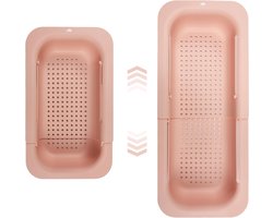 Zeefmand boven de gootsteen, spoelbakfilterplank, multifunctioneel keukenopbergrek, instelbaar spoelbak, afvoer, rek voor servies, groenten en fruit (roze)