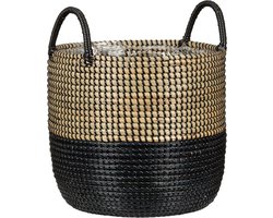 Zeegras Mand - Plantenbak - Woonkamer Decoratie - Handgevlochten Uniek - 27 cm Diameter - Nature Black