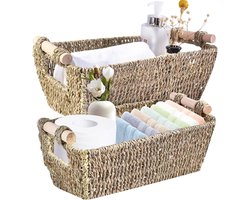 Zeegras opbergmand, plankmand, gevlochten manden voor organisatie met houten handvat, set van 2 decoratieve opbergdoos voor werkblad, toiletpapiermand voor toilet
