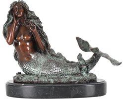Zeemeermin Standbeeld - Beeldhouwkunst Decoratie - Woonkamer Decoreren - Verloren Wax Techniek - 8.2 inch hoogte - Groen Brons