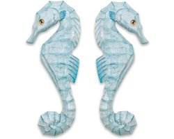 Zeepaardje Muurdecoratie - Kust Decoratie - Woonkamer Decoreren - Handgesneden Hout - 35 cm Hoog - Aqua