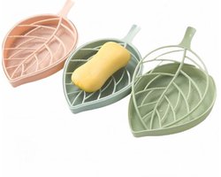 Zeepbakje Bladvorm - Dubbellaags Zeepuider met Lekbakje - Voorkomt Zompige Zeep - Aanrecht Organizer voor Badkamer & Keuken - Makkelijk Schoon te Maken - Pastelkleuren (Roze/Blauw/Groen)-3 Stuks