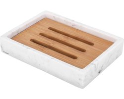 Zeepbakje met bamboehouder, glanzend en elegant, rechthoekig, van hars en marmer, sneldrogend, voor keuken, badkamer, douche, grind, wit