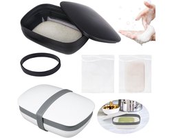 - Zeepbakje Set - Draagbare zeepdoos voor op reis - Waterdicht - Kunststof - Zeepzakje en spons - Zwart en wit - 2 stuks