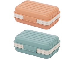 Zeepbakje - Set van 2 - 12 × 7,6 × 5 cm - Draagbaar zeepbakje met deksel - Verdikt zeepbakje - Creatieve zeepopslag voor thuis - Geschikt voor thuis, in de badkamer en op reis - Oranje en blauw