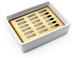 Zeepbakje - Tweelaags Gouden RVS Zeephouder, Met Keramisch Plateau en Anti-slip Silicone (A)