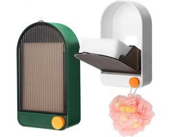 Zeepbakje voor aan de muur - Zeepbakje - Set van 2 - Voor badkamer en keuken - Met deksel - Water- en stofdicht - Opbergrek - Groen en wit - Geen boren nodig - Zelflozende zeepbakje met deksel - Met haak - Hoogwaardig kunststof