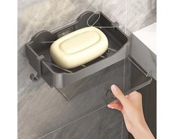 Zeepbakje Zonder Boren - Zelfklevende Zeephouder met Uitneembaar Lekbakje & Haakje - Dubbellaags Zeeprekje - Wandmontage Badkamer & Keuken - Roestvrij Kunststof - Zwart