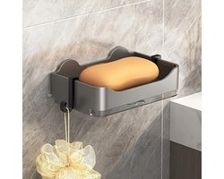 Zeepbakje Zonder Boren - Zelfklevende Zeephouder met Uitneembaar Lekbakje & Haakje - Dubbellaags Zeeprekje - Wandmontage Badkamer & Keuken - Roestvrij Kunststof - Zwart