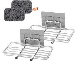 Zeepbakjes - 2 Stuks Zeepspaarder - Roestvrij Staal - Zelfklevend - Gootsteenbar - Zeephouder - Douche Badkamer Keuken - Haak - Zilver Soap Dish Holder