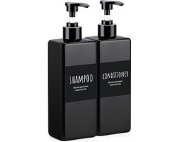 Zeepdispenser groot 500 ml, set van 2 kunststof pompdispensers om te vullen, dispenser met etiketsticker op de shampoo-conditionerfles, voor badkamer, transparant zwart