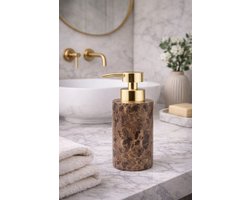 Zeepdispenser Marmerlook Bruin – Gouden Pomp – Luxe Badkamer Accessoire