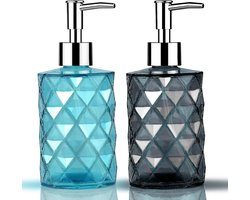 Zeepdispenser set van 2 - 330 ml glazen dispensers voor keuken en badkamer - Shampoo en douchegeldispenser - Pompdispenser voor vloeibare zeep - Grijs - Geschikt voor afwasmiddel - Flessen om te vullen.