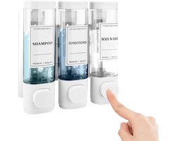 Zeepdispenser - wandbevestiging - 3-in-1 zeepdispenser - douche - 300 ml - ABS - wandzeepdispenser - wandmontage - zonder boren - voor badkamer - keuken - hotel - wit